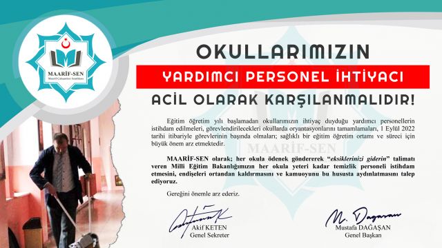 Okullarımızın Yardımcı Personel İhtiyacı Acil Karşılanmalıdır