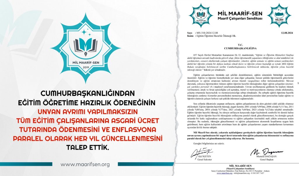 Eğitim Öğretim Hazırlık Ödeneğine Dair Talebimizi Cumhurbaşkanlığına İlettik