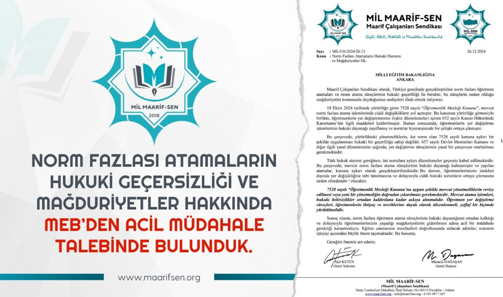 Norm Fazlası Atamaların Hukuki Durumu İle İlgili MEB’den Acil Müdahale Talebimizi İlettik