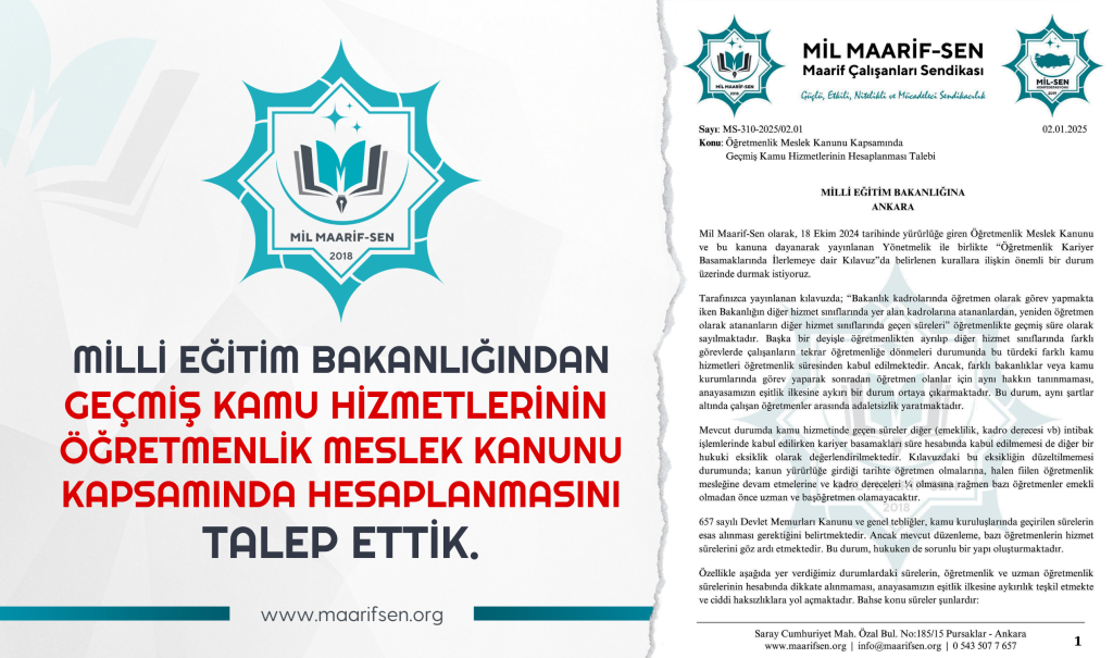 Geçmiş Kamu Hizmetlerinin ÖMK Kapsamında Hesaplanmasını MEB’den Talep Ettik