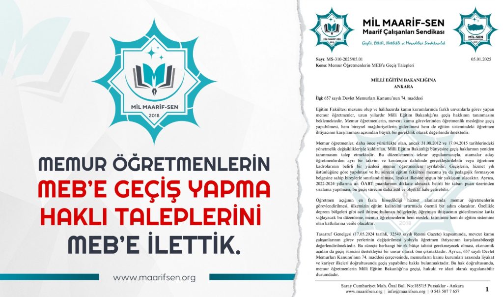 Memur Öğretmenlerin MEB’e Geçiş Hakkı Taleplerini MEB’e İlettik